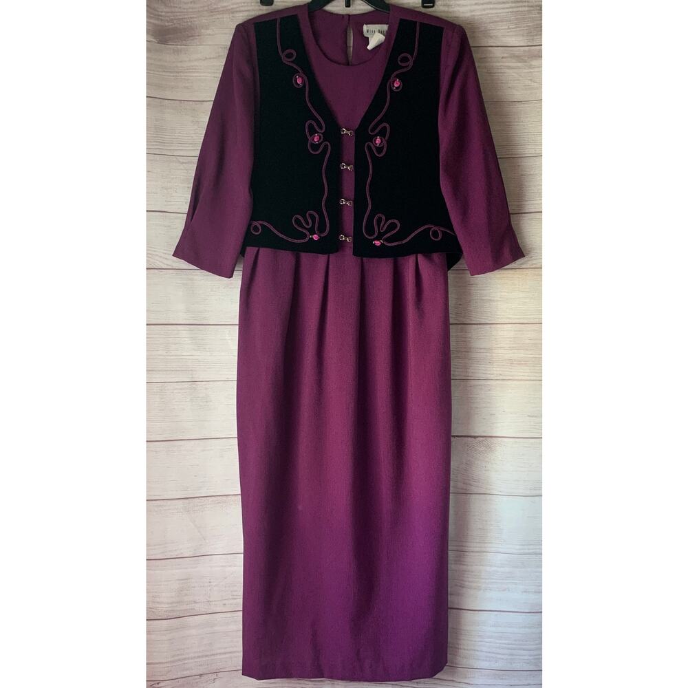 Vintage Miss Dorby Purple and Black Dress with Front Vest and Tie Back Size 14